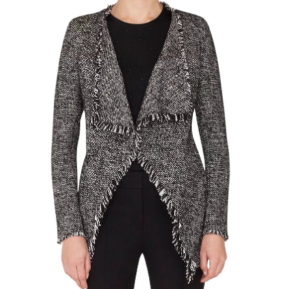 AKRIS Punto Black & White Tweed Fringed Waterfall Front Open Jacket Size: XXL